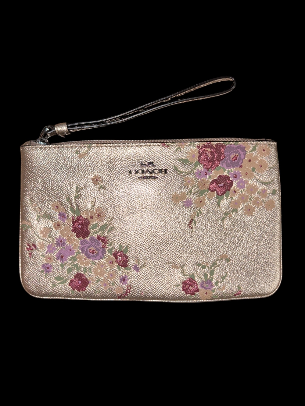 NWOT Coach Corner Zip Metallic Floral Wristlet Clutch in Rose Gold